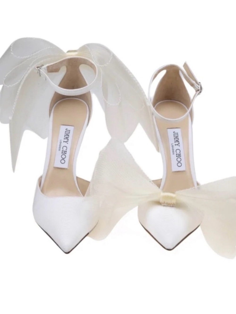 Jimmy Choo White Satin Pointed-Toe Bow Ankle-Strap Pumps - Picture 1 of 5